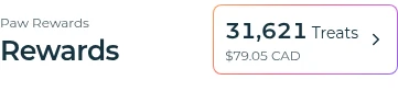 Paw Rewards app showing a Treats balance and its CAD reward value