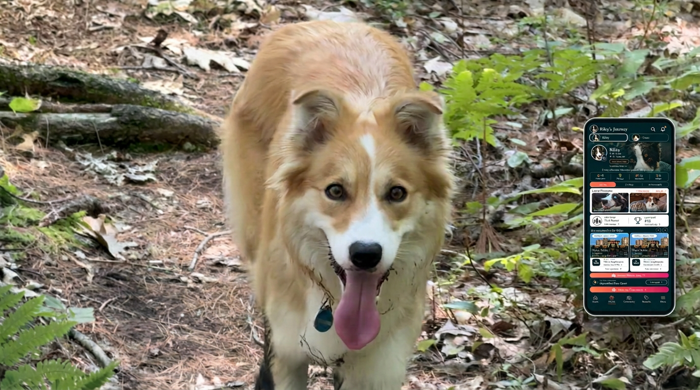 Dog on a Canadian forest trail beside the Paw Rewards app