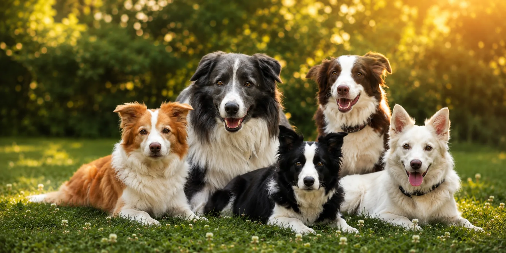 A group of happy dogs together in a sunlit meadow