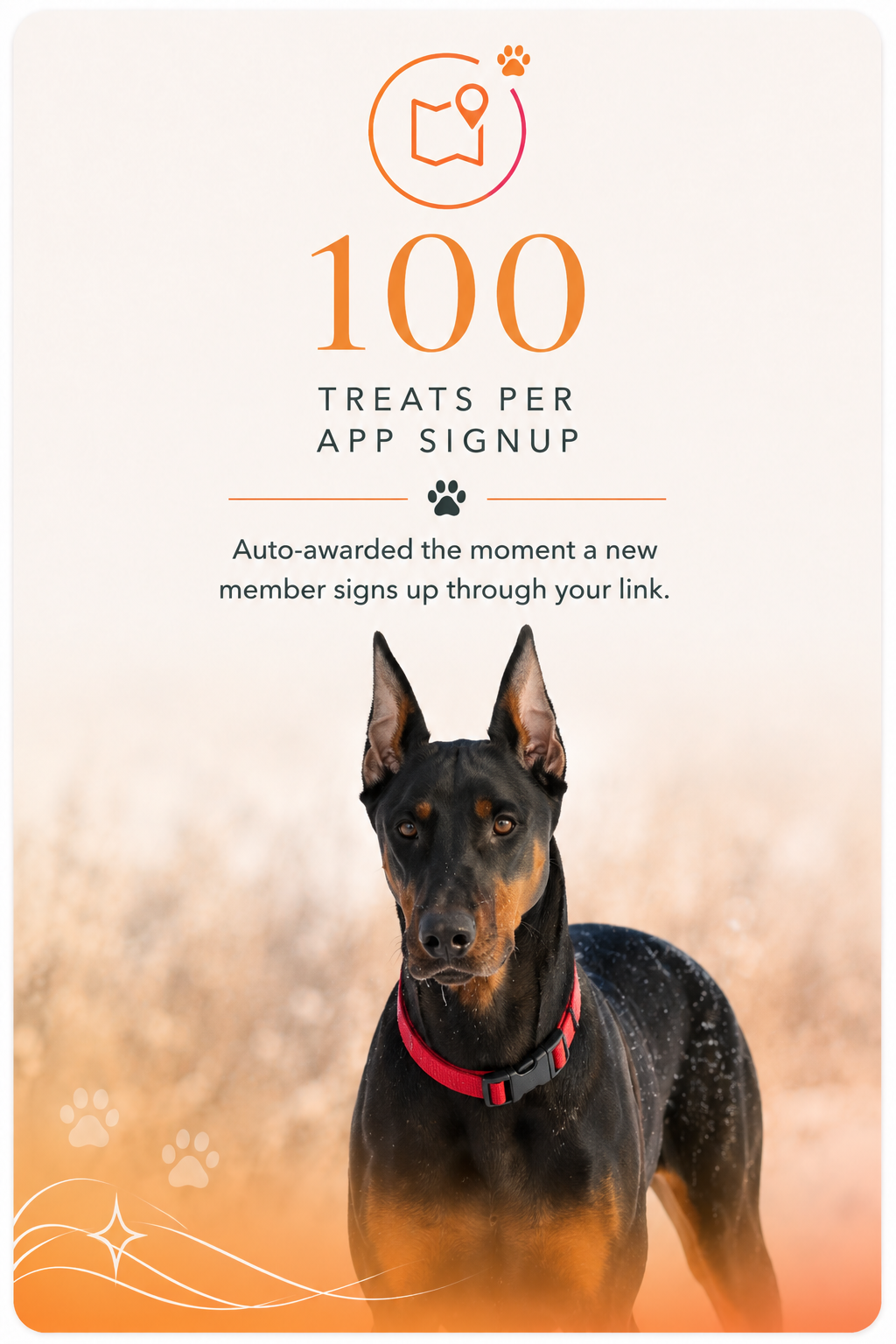 100 Treats per app signup — Doberman card showing auto-awarded creator referral reward