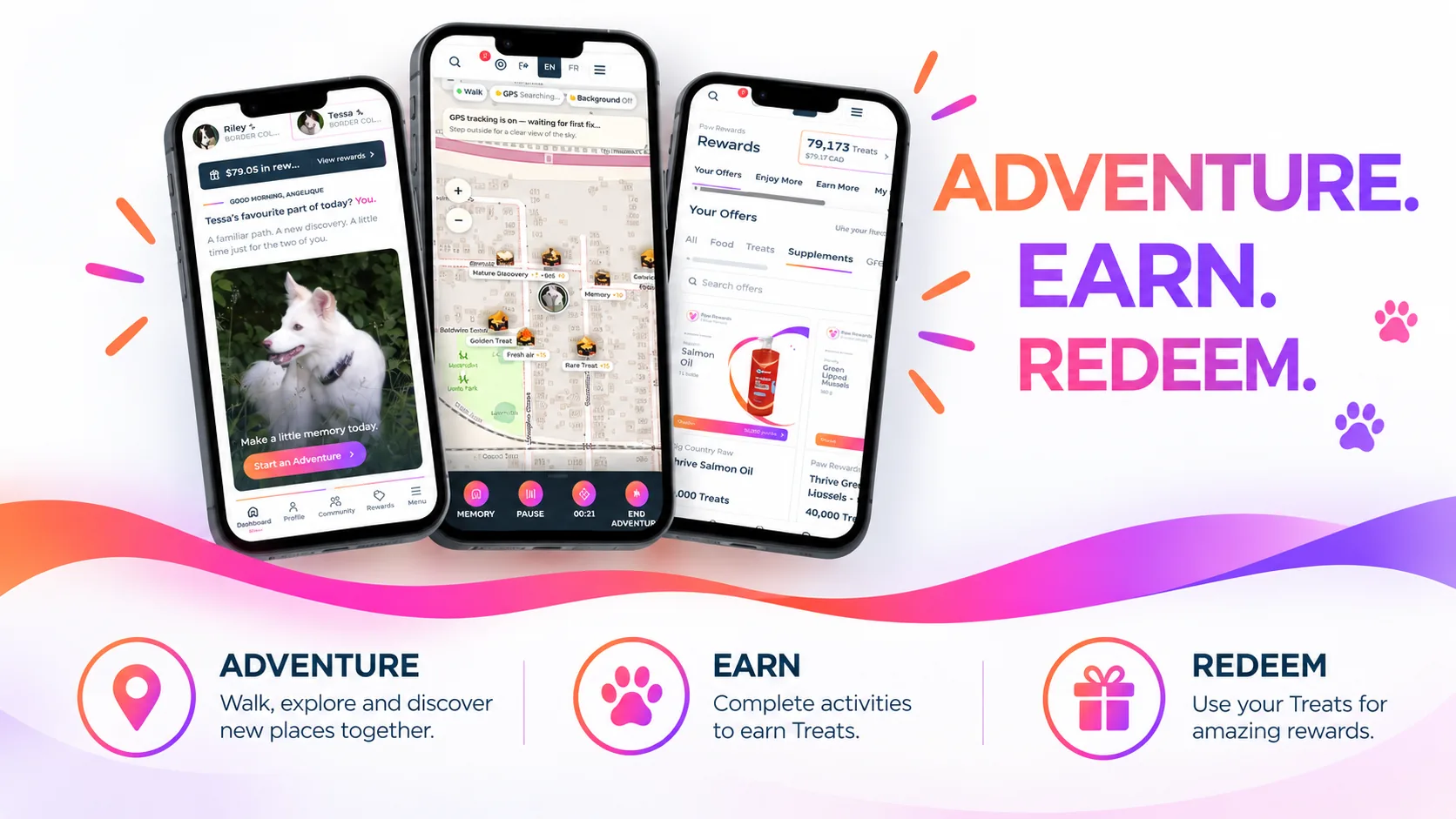 Paw Rewards app screens showing walks, the map and the Rewards page beside the words Adventure, Earn, Redeem