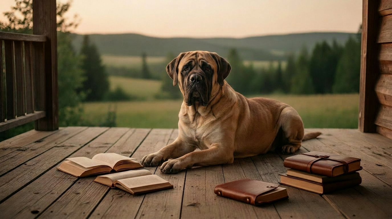 An English Mastiff resting on a sunlit porch surrounded by leather journals at golden hour
