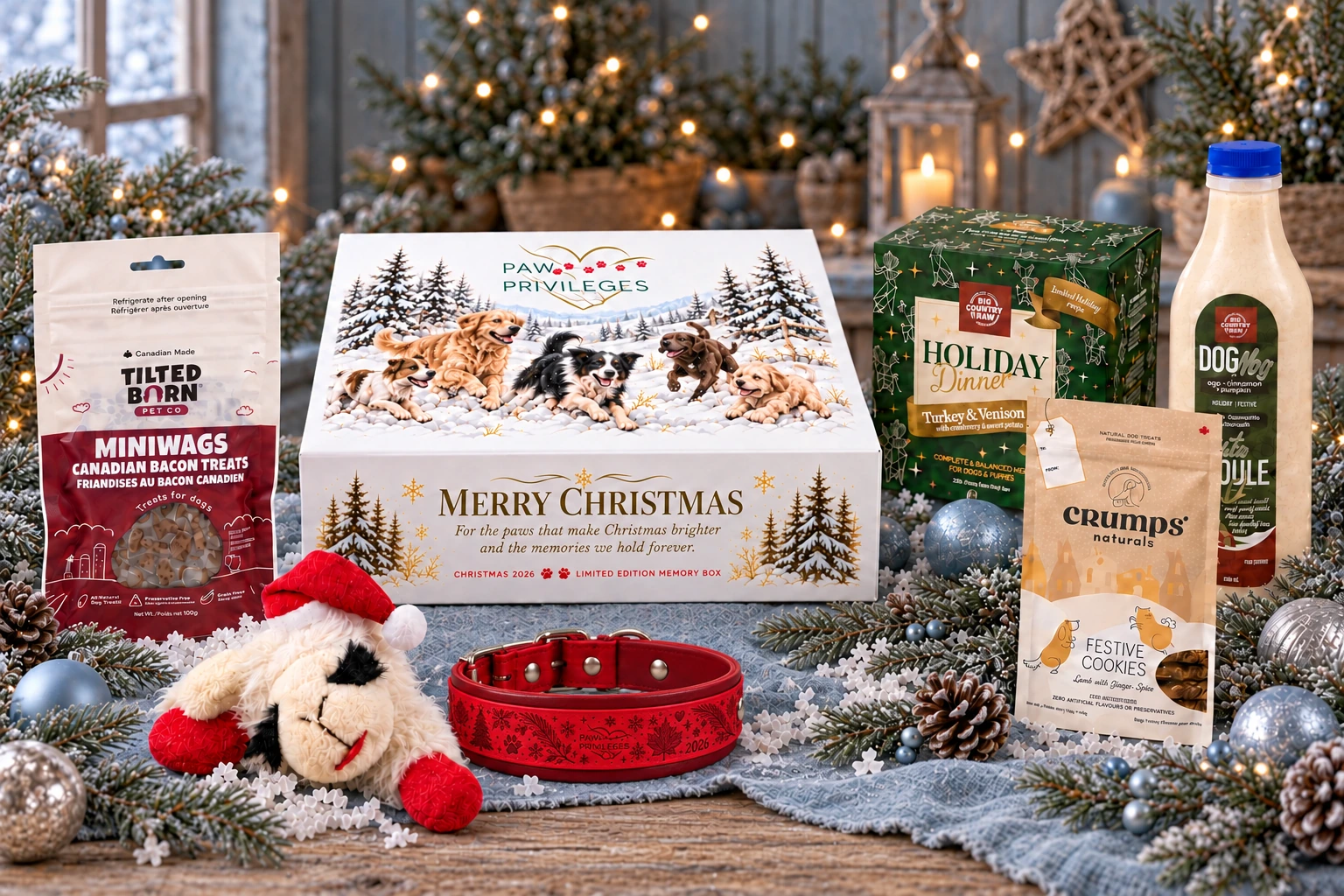 White Christmas 2026 limited edition Memory Box with winter dog illustrations, festive puppy gifts and a Canadian Christmas collar