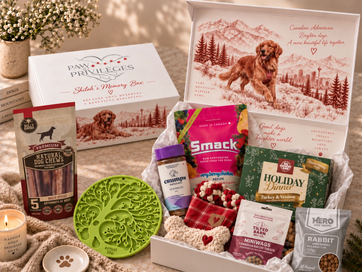 Shiloh’s red illustrated Memory Box with a magnetic lid, keepsakes and puppy pack