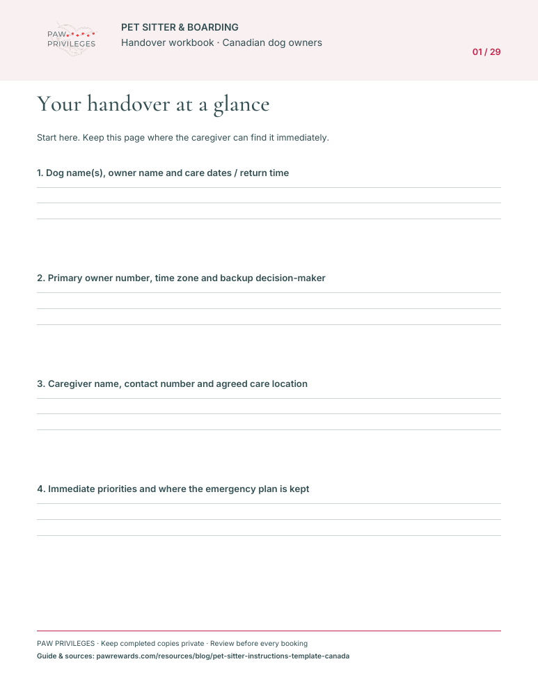 Preview of page one of the 29-page Pet Sitter and Boarding Handover workbook